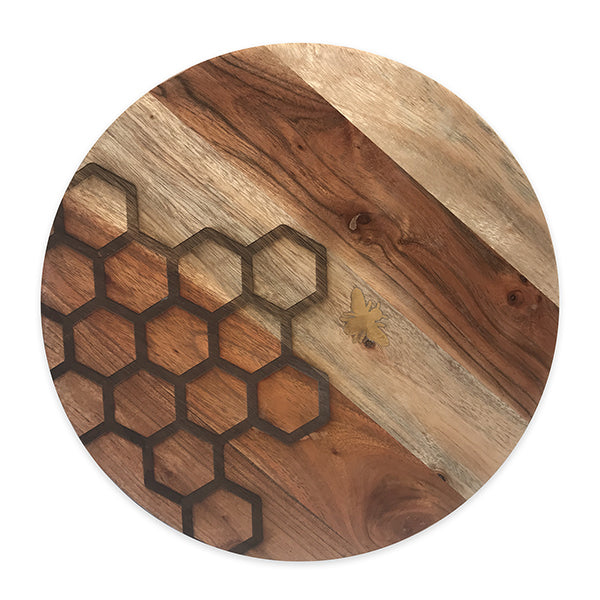 Round Wooden Bee Board with Laser Etching Brass Bee
