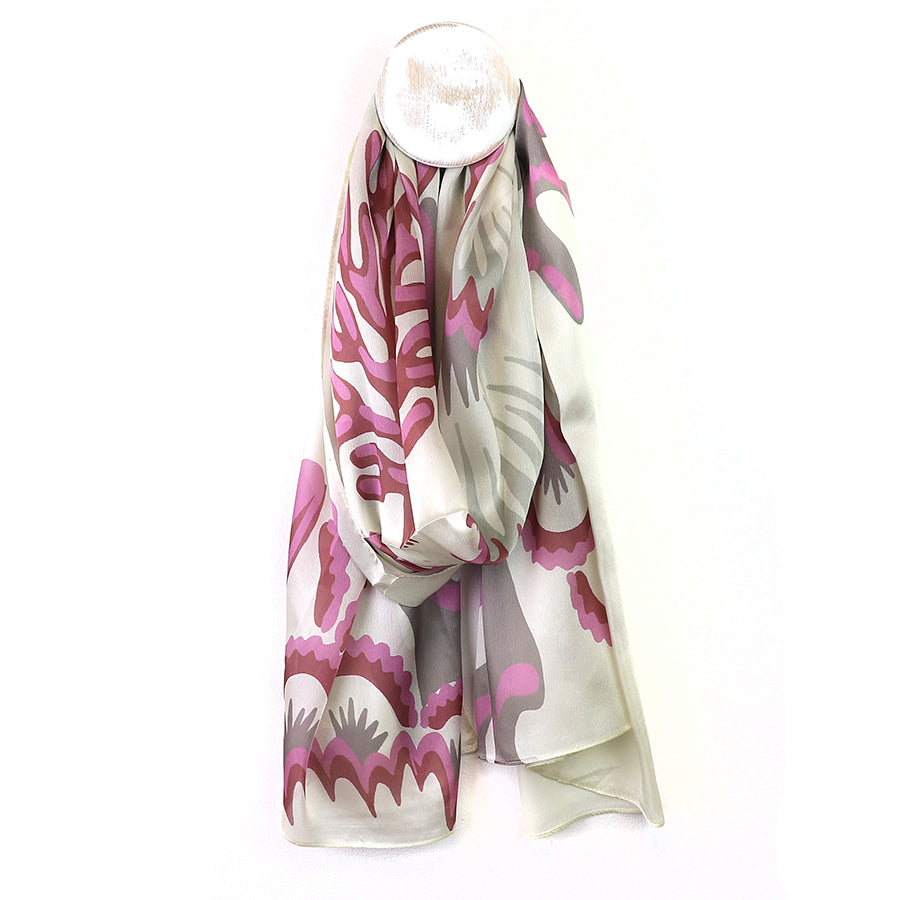 Silky ecru, mauve and pink print recycled yarn scarf (52870)