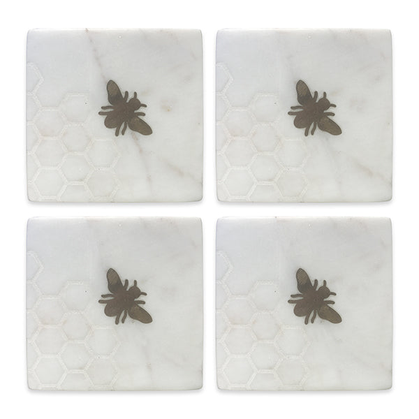 Set of Four Marble Laser Etched Coasters with Brass Bee