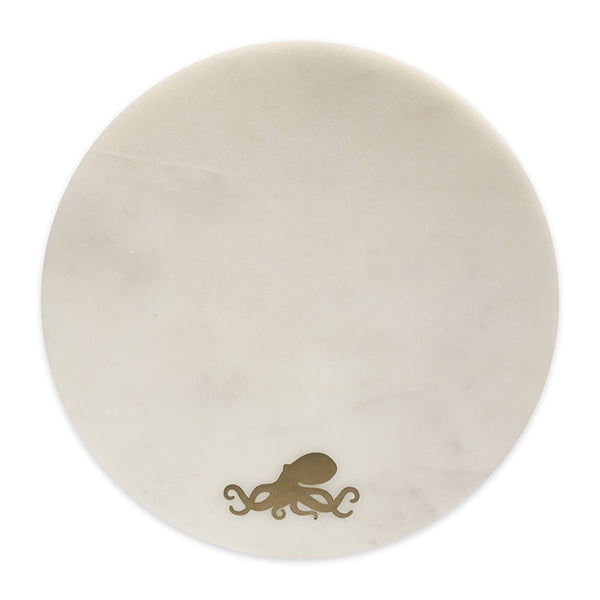 White Marble Round Cheeseboard with Brass Octopus Inlay