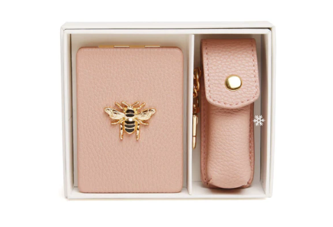 Pink Oblong compact Mirror & Lipstick holder gift set