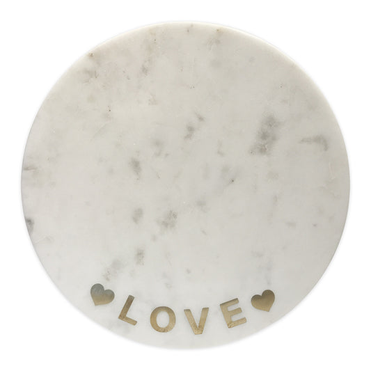 White Marble Round Cheeseboard with Brass Love Inlay
